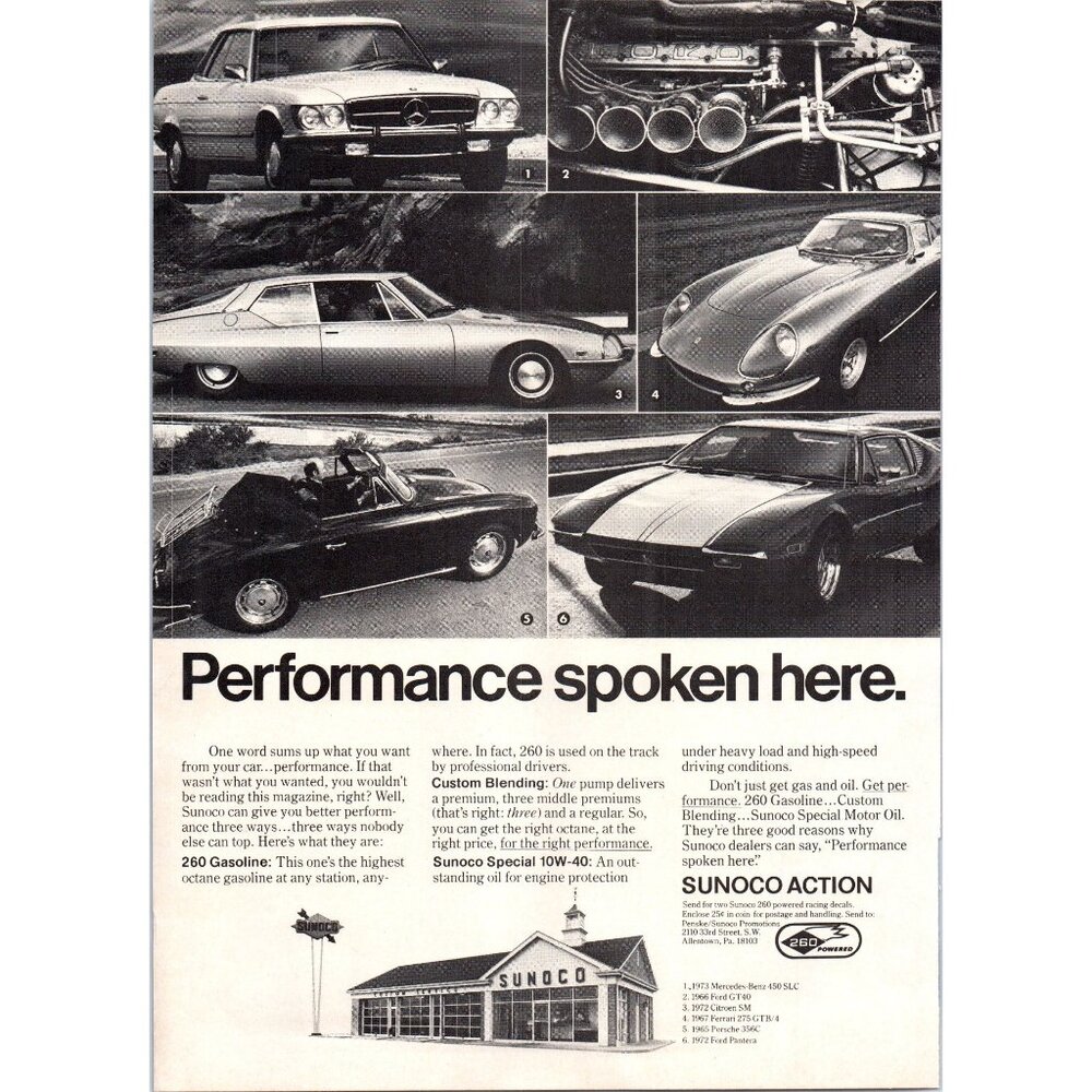 1973 Sunoco Service Gas Station Vintage Print Ad Porsche 356 Mercedes Wall Art